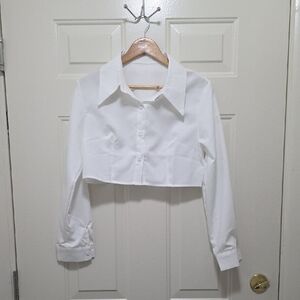 Cropped White Button-Down Shirt with Point Collar